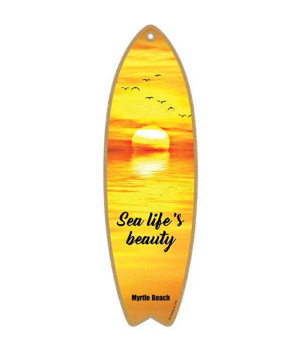 sunset over water with birds flying (orange and yellow colors) - "Sea life's beauty" Surfboard