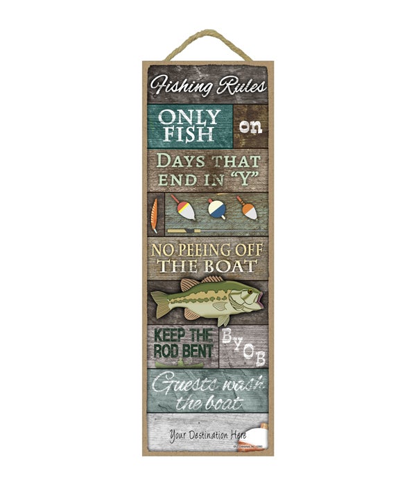 Fishing Rules: Large fish w/ rustic wood planks. Fishing bait and tackle