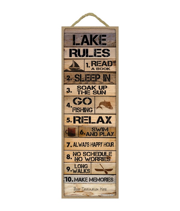 Lake Rules: 1-10 list (Rustic wood planks w/ lake themed objects)