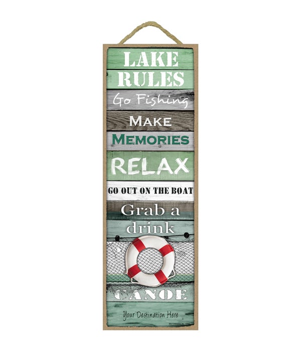 Lake Rules: Lake themed words / red and white lifesaver (Green rustic wood planks with a lake theme)