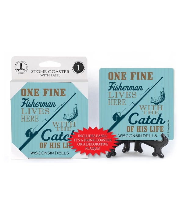 One fine fisherman lives here with the catch of his life-1 pack stone coaster