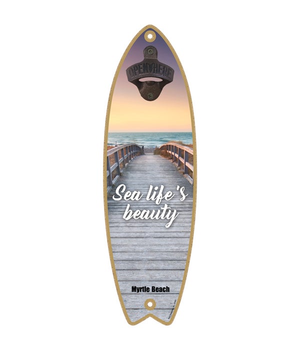 boardwalk with wooden rails on the beach - "Sea life's beauty" Surfboard Bottle Opener