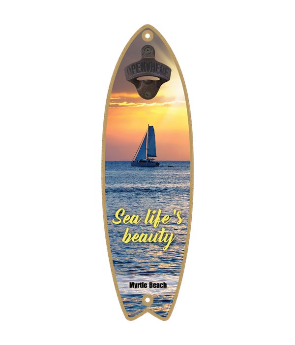 boat at sunset - "Sea life's beauty" Surfboard Bottle Opener