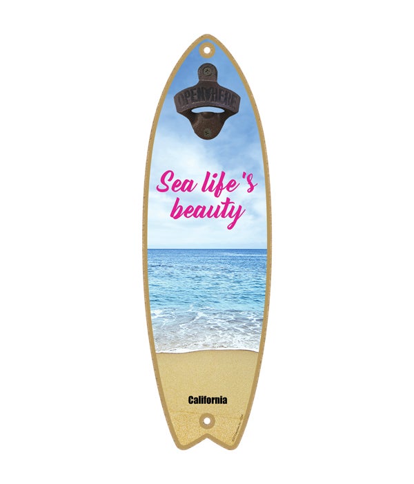 calm beach - "Sea life's beauty" Surfboard Bottle Opener