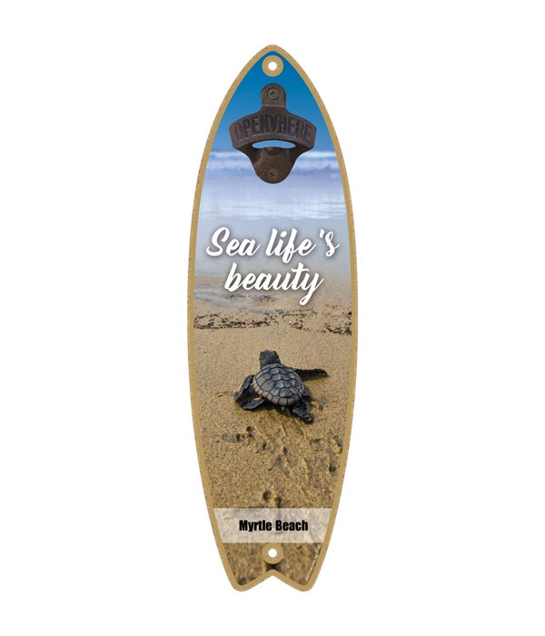 sea turtle (baby) on beach - "Sea life's beauty" Surfboard Bottle Opener
