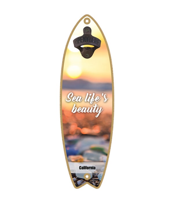 sunset at beach with sea glass and rocks - "Sea life's beauty" Surfboard Bottle Opener