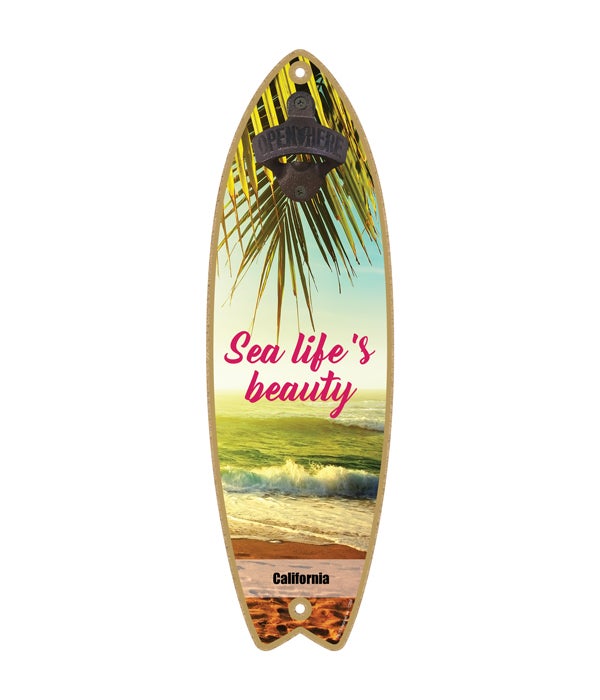 sunset on beach with palm leaves at top - "Sea life's beauty" Surfboard Bottle Opener