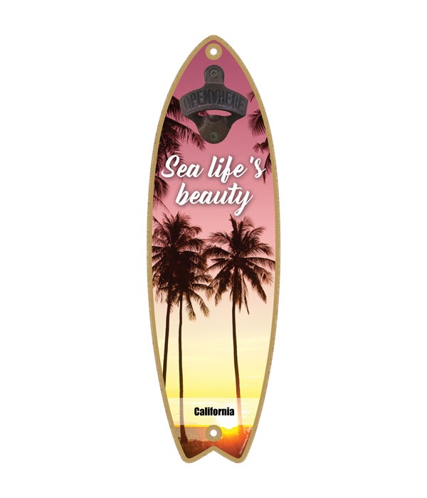 sunset on beach with tall palm trees - "Sea life's beauty" Surfboard Bottle Opener