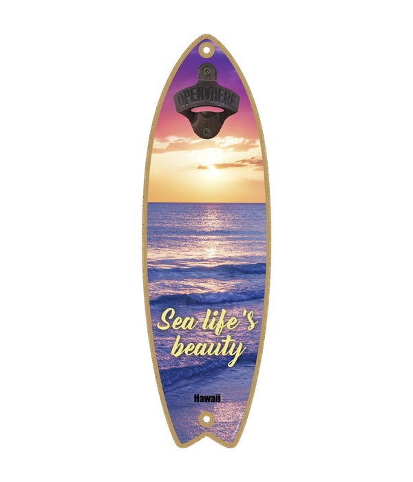 sunset over ocean (purples and yellow colors) - "Sea life's beauty" Surfboard Bottle Opener