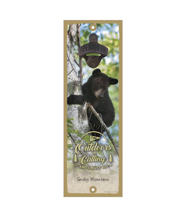 The Outdoors is Calling - Black bear cub 5 x 15 Wooden sign with cast iron bottle opener