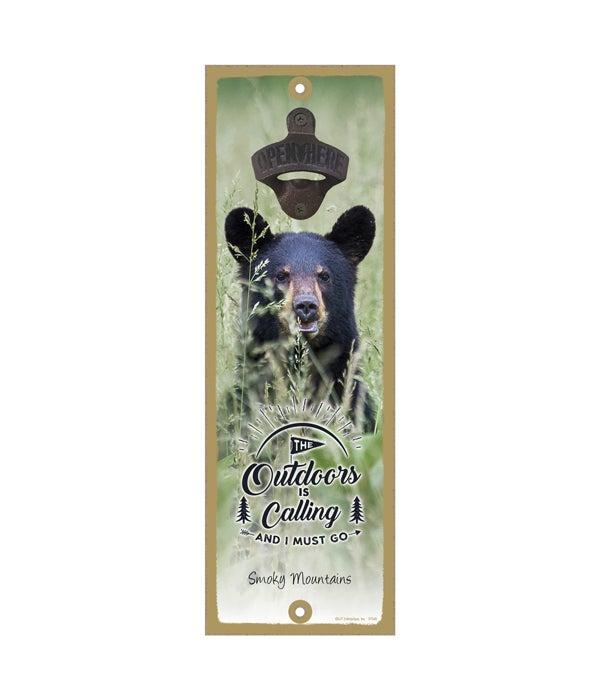 The Outdoors is Calling  - Black bear peeking 5 x 15 Wooden sign with cast iron bottle opener
