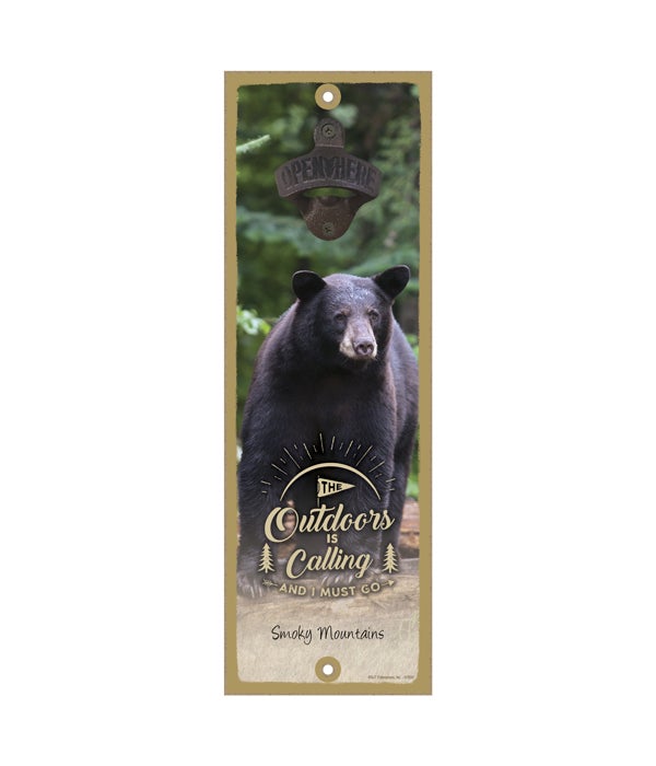 The Outdoors is Calling - Black bear standing 5 x 15 Wooden sign with cast iron bottle opener