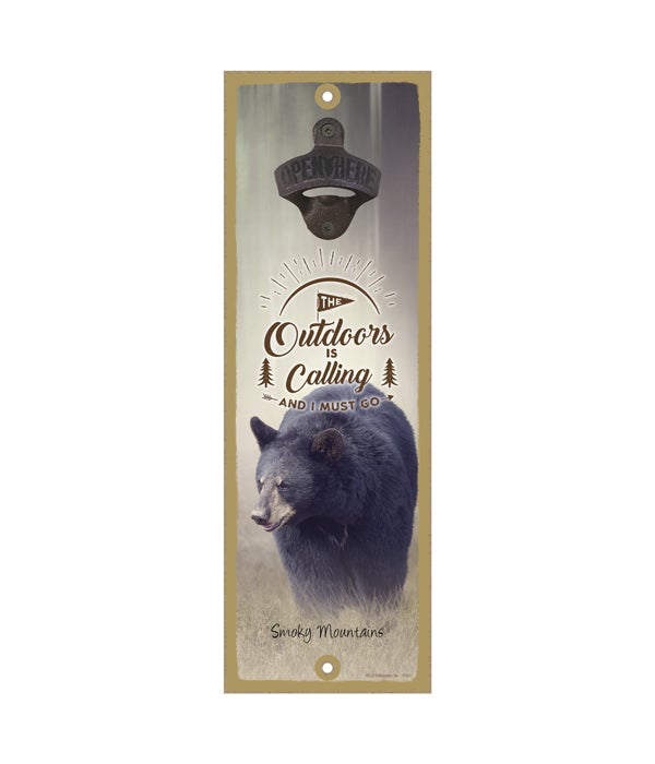 The Outdoors is Calling  - Black bear walking 5 x 15 Wooden sign with cast iron bottle opener