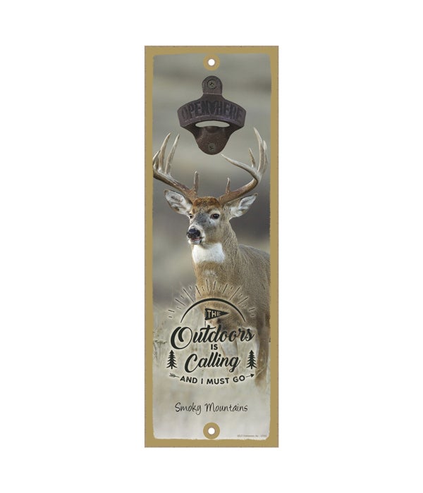 The Outdoors is Calling and I must go - Buck (close-up, grey background) Surfboard Bottle Opener