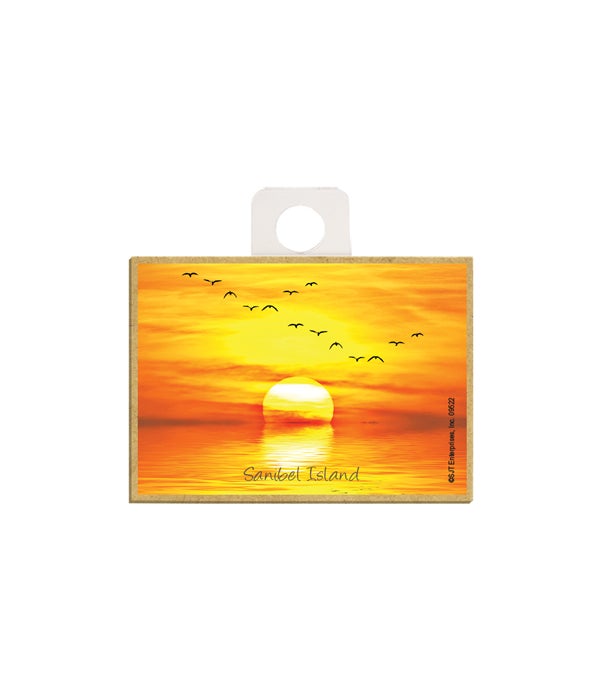 sunset over water with birds flying (orange and yellow colors)  2.5 x 3.5 wooden magnet