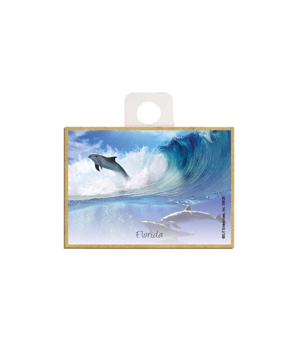 dolphin jumping to the left with wave  2.5 x 3.5 wooden magnet