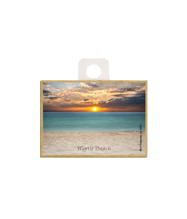 sunset over teal-colored ocean & beach  2.5 x 3.5 wooden magnet