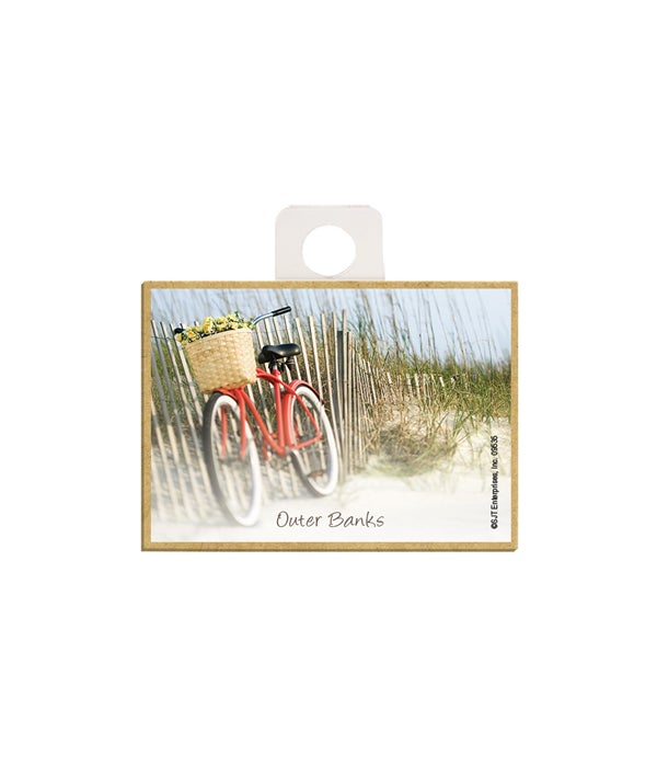red bicycle with a basket of flowers leaning on beach fence  2.5 x 3.5 wooden magnet
