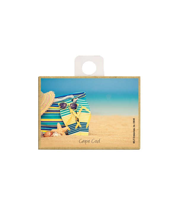 bag, flip flops, sunglasses, hat, and shells on the beach  2.5 x 3.5 wooden magnet