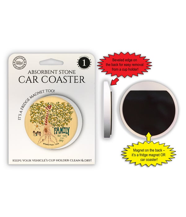 Family - our roots run deep (tree with heart leaves & beige background) 1 Pack Car Coaster