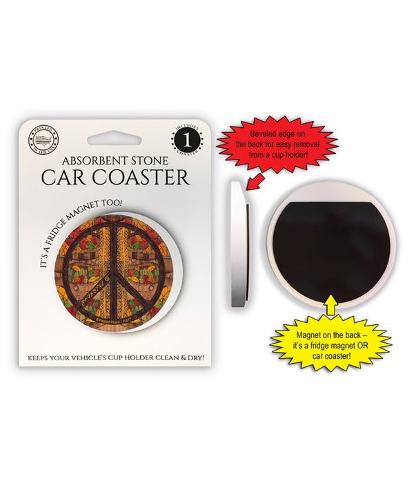 Grateful (brown peace sign with leaves in background) 1 Pack Car Coaster