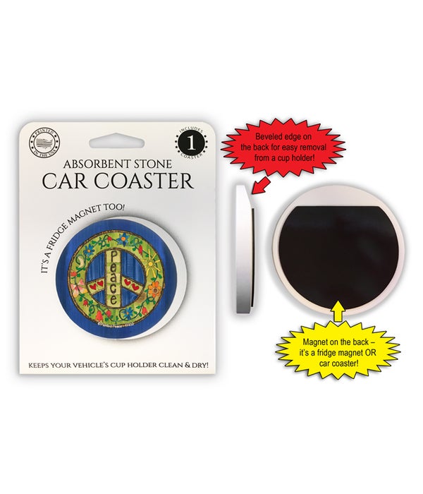 Peace (green peace symbol, dark blue background with flowers and hearts) 1 Pack Car Coaster