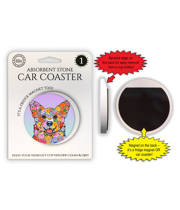 Corgi (flower design) 1 Pack Car Coaster