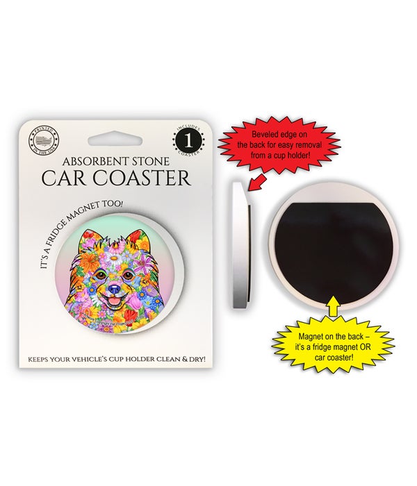 Pomeranian (flower design) black 1 Pack Car Coaster