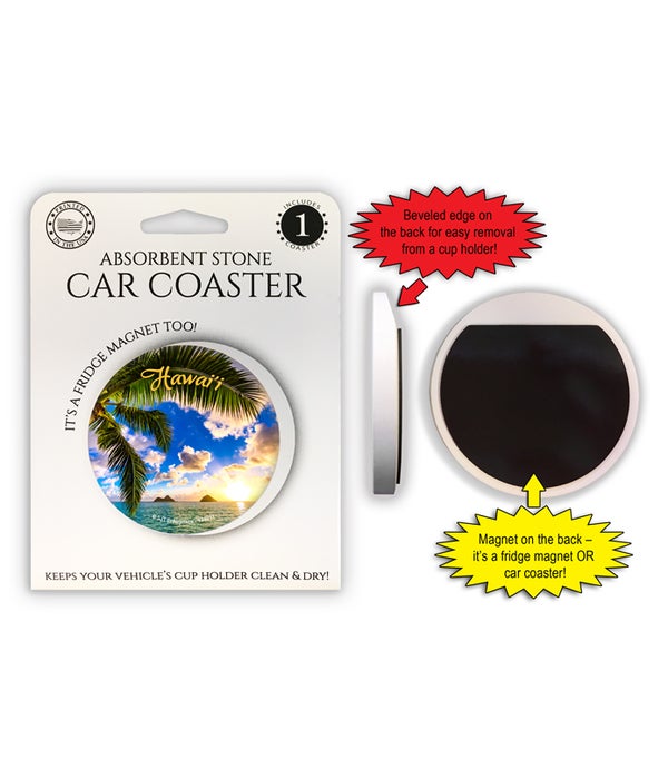 Two islands w/palm tree and sunset - Hawaii 1 Pack Car Coaster