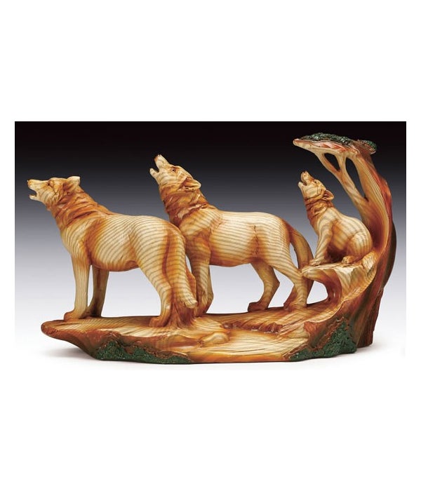 Wood-like "carved" 3 howling wolves 9"x6"
