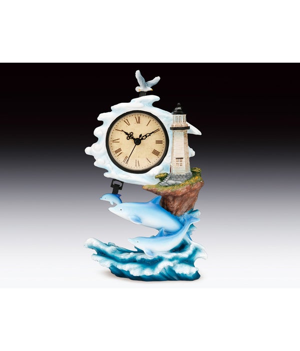 CLOCK, DOLPHINS W/LIGHTHOUSE 10-1/4"T