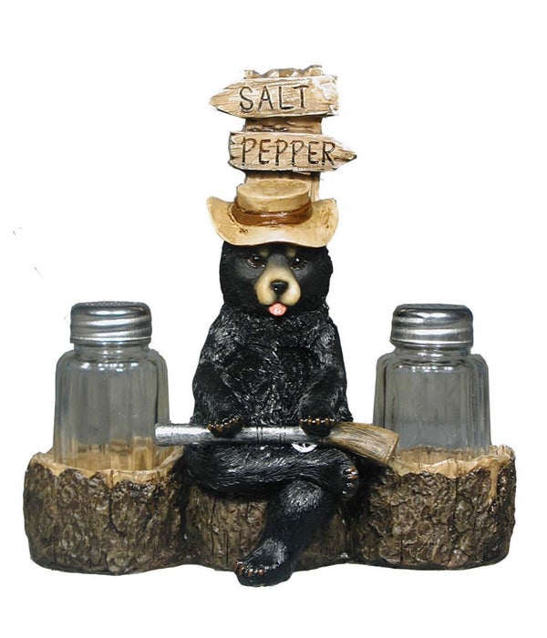 Bear w gun salt / pepper 7"H