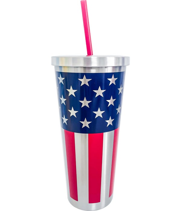 AMERICAN FLAG STAINLESS CUP W/STRAW