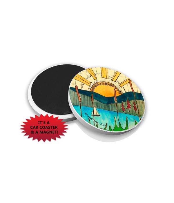 Sailboat, water, sun, hills, red trees-Car Coasters
