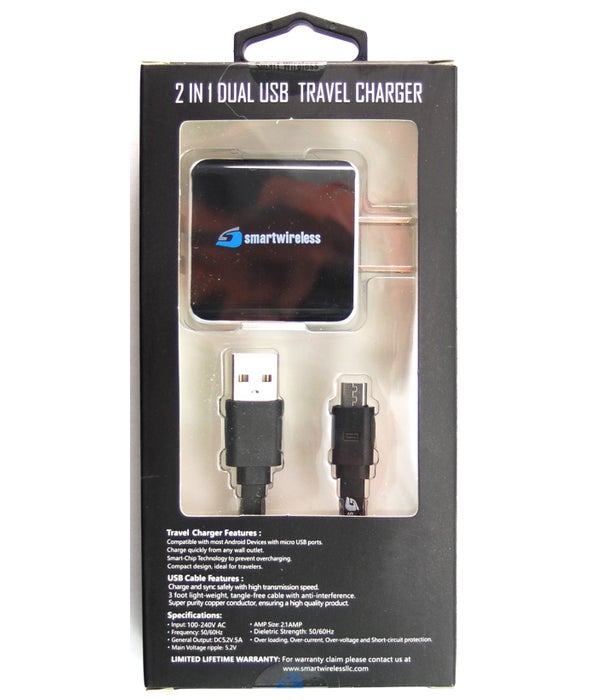 Micro / USB 3FT Cable & Dual home charger 2.1A