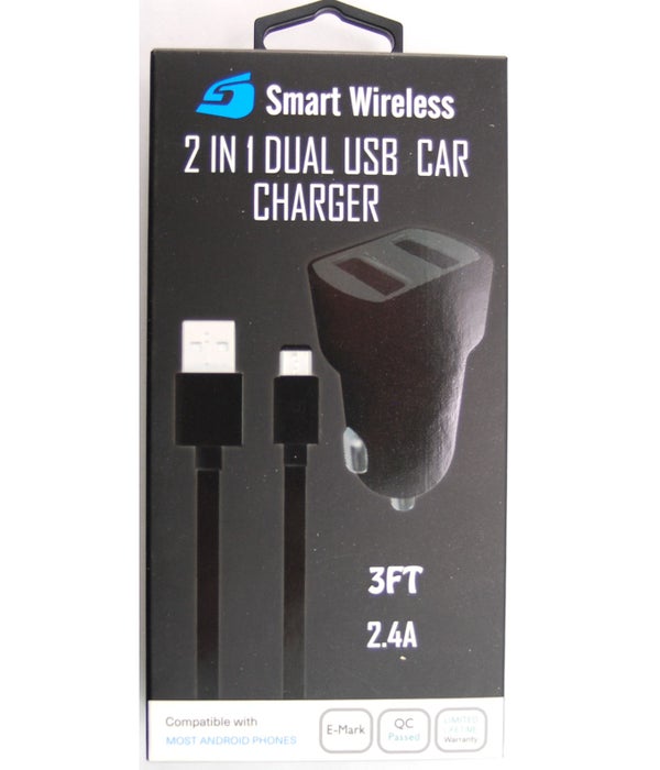Micro / USB  3FT cable & Dual Car Charger 2.1A