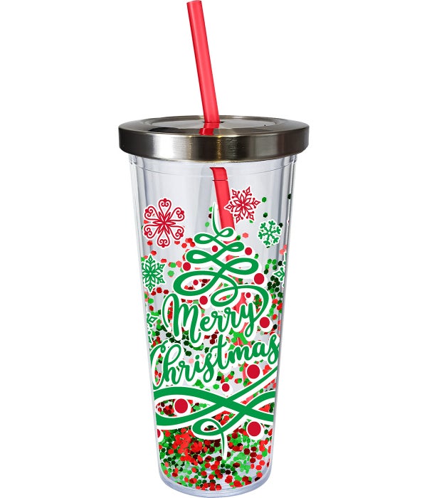 MERRY CHRISTMAS GLITTER CUP W/STRAW