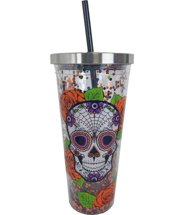 SUGAR SKULLGlitter Cup with Straw