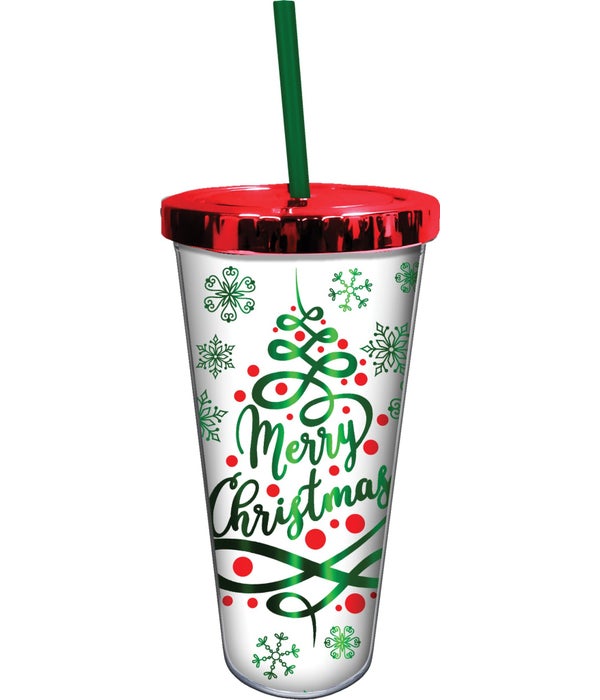 MERRY CHRISTMAS FOIL CUP W/STRAW