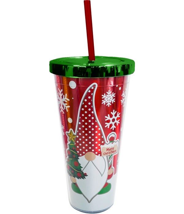 CHRISTMAS GNOME FOIL CUP WITH STRAW