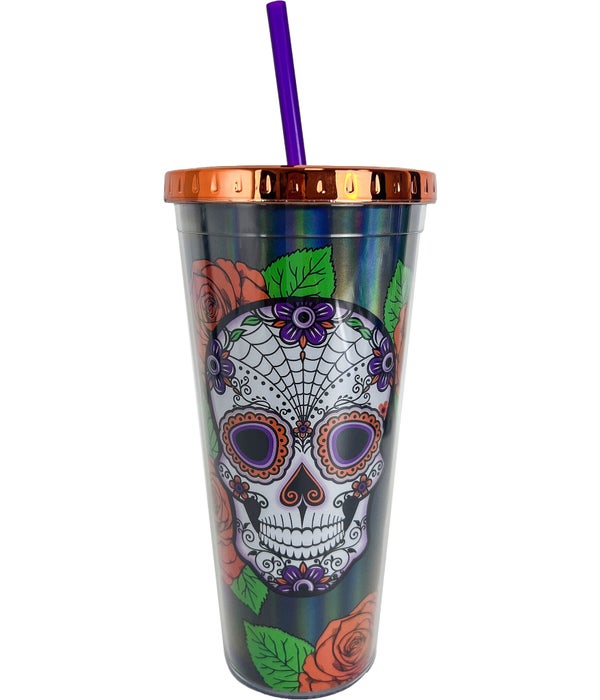 SUGAR SKULL FOIL CUP  WITH STRAW