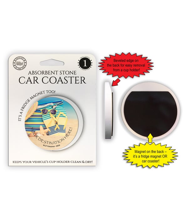 bag, flip flops, sunglasses, hat, and shells on the beach 1 Pack Car Coaster