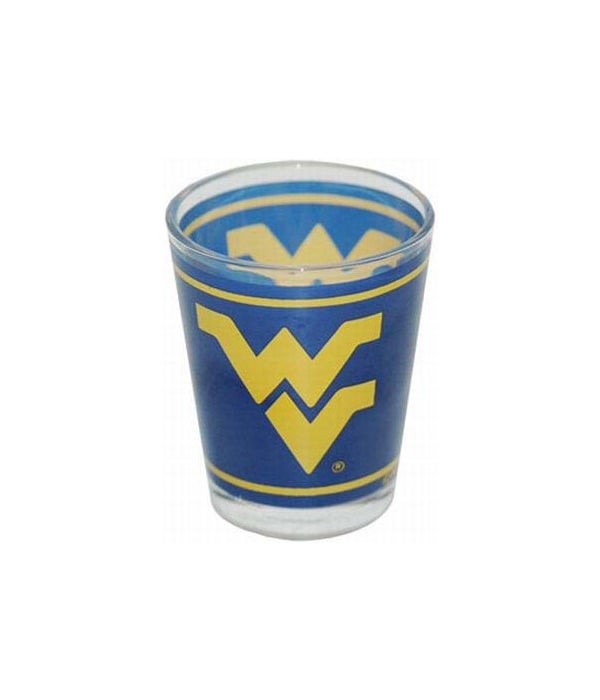 WVU yellow on blue bkrd-shotglass