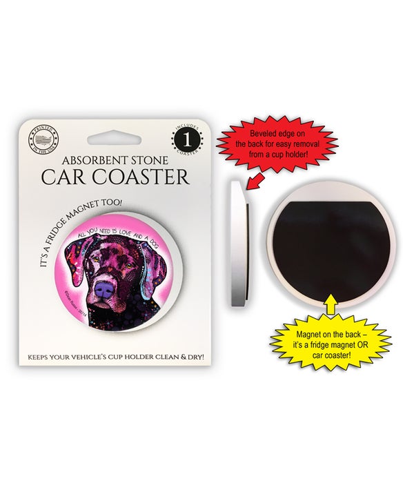 Labrador - All you need is love and a dog (pink background) 1 Pack Car Coaster