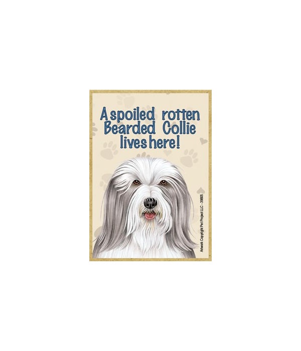A spoiled rotten Bearded Collie lives here!-Wooden Magnet