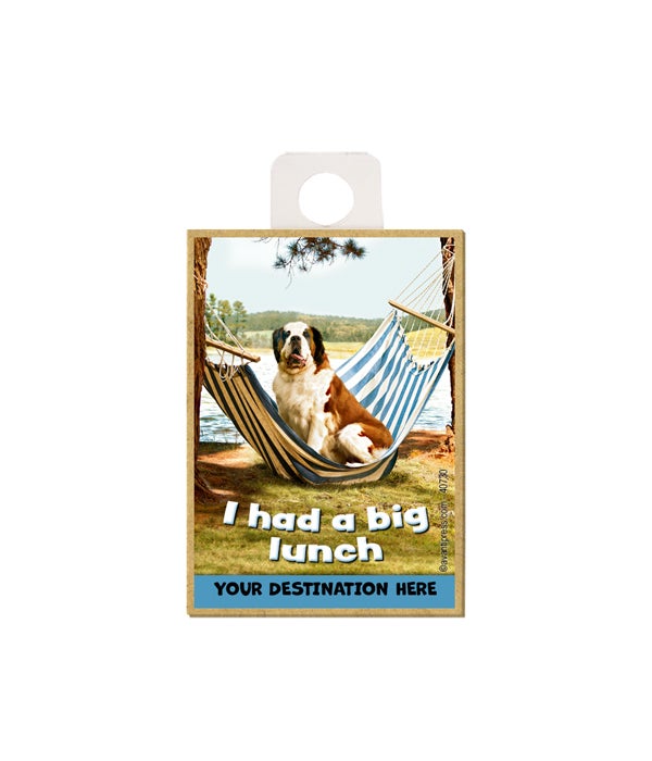 St. Bernard sitting to the ground on a hammock - "I had a big lunch" Magnet