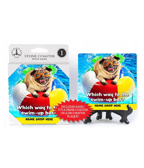 Pug on Beach Ball-Which way to the swim-up bar? -1 pack stone coaster