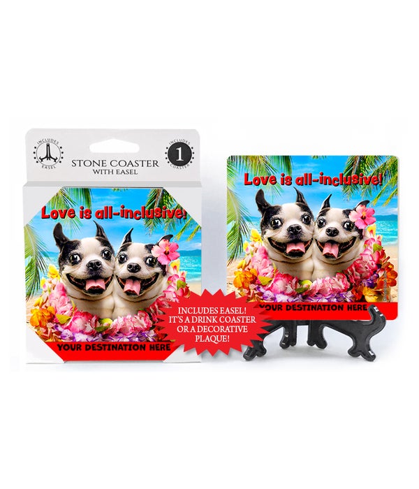 Dog Duo Shares Leis - Love is all-inclusive 1PK Coaster