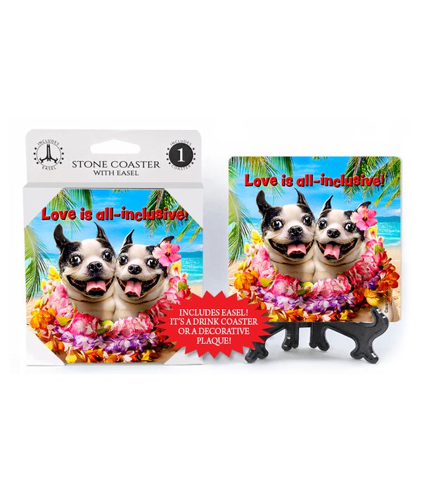 Dog Duo Shares Leis-Love is all-inclusive -1 pack stone coaster