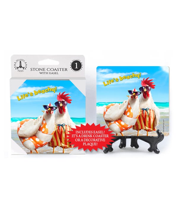 Chicken Couple on Beach-Life's Beachy! -1 pack stone coaster